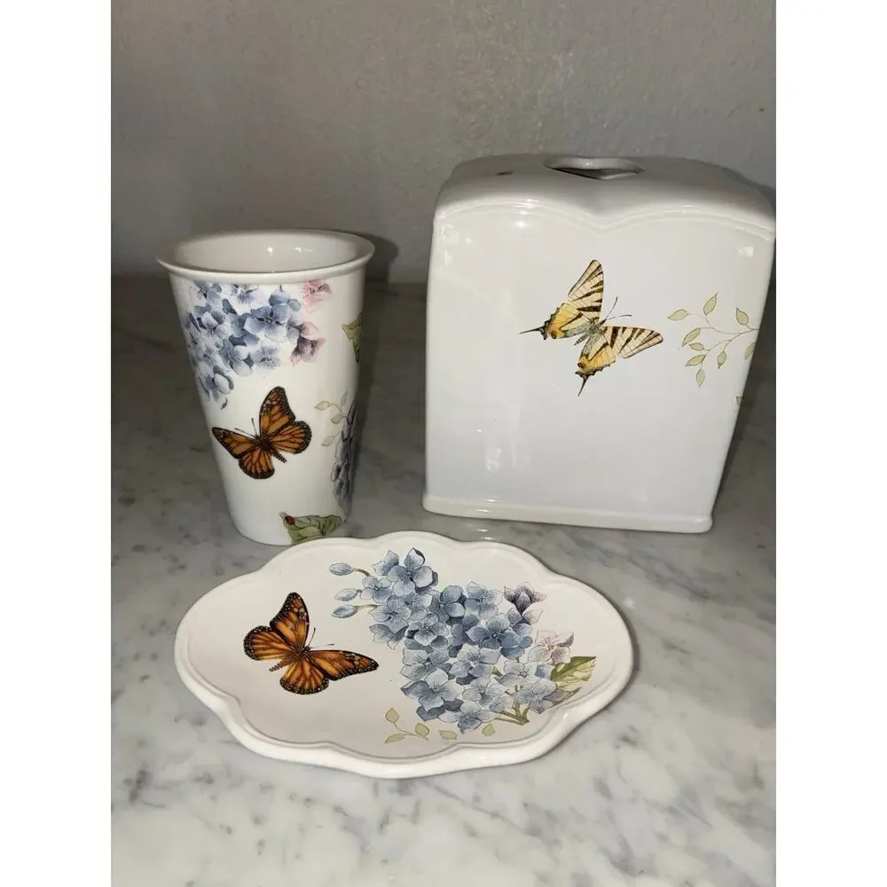 Lenox Blue floral Bathroom Set Tissue Holder Toothbrush Soap Dish Butterfly